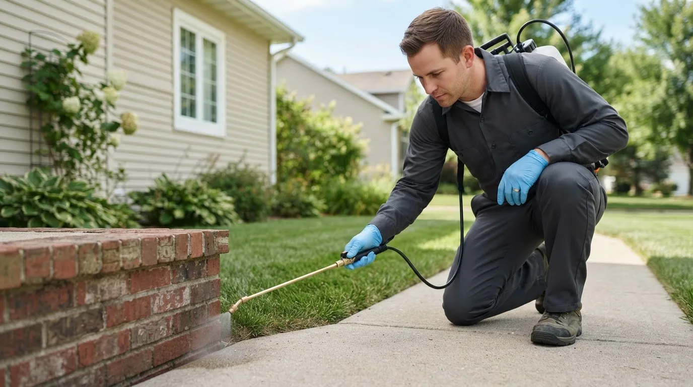 Pest control technician treating a home near Hartshorne, OK