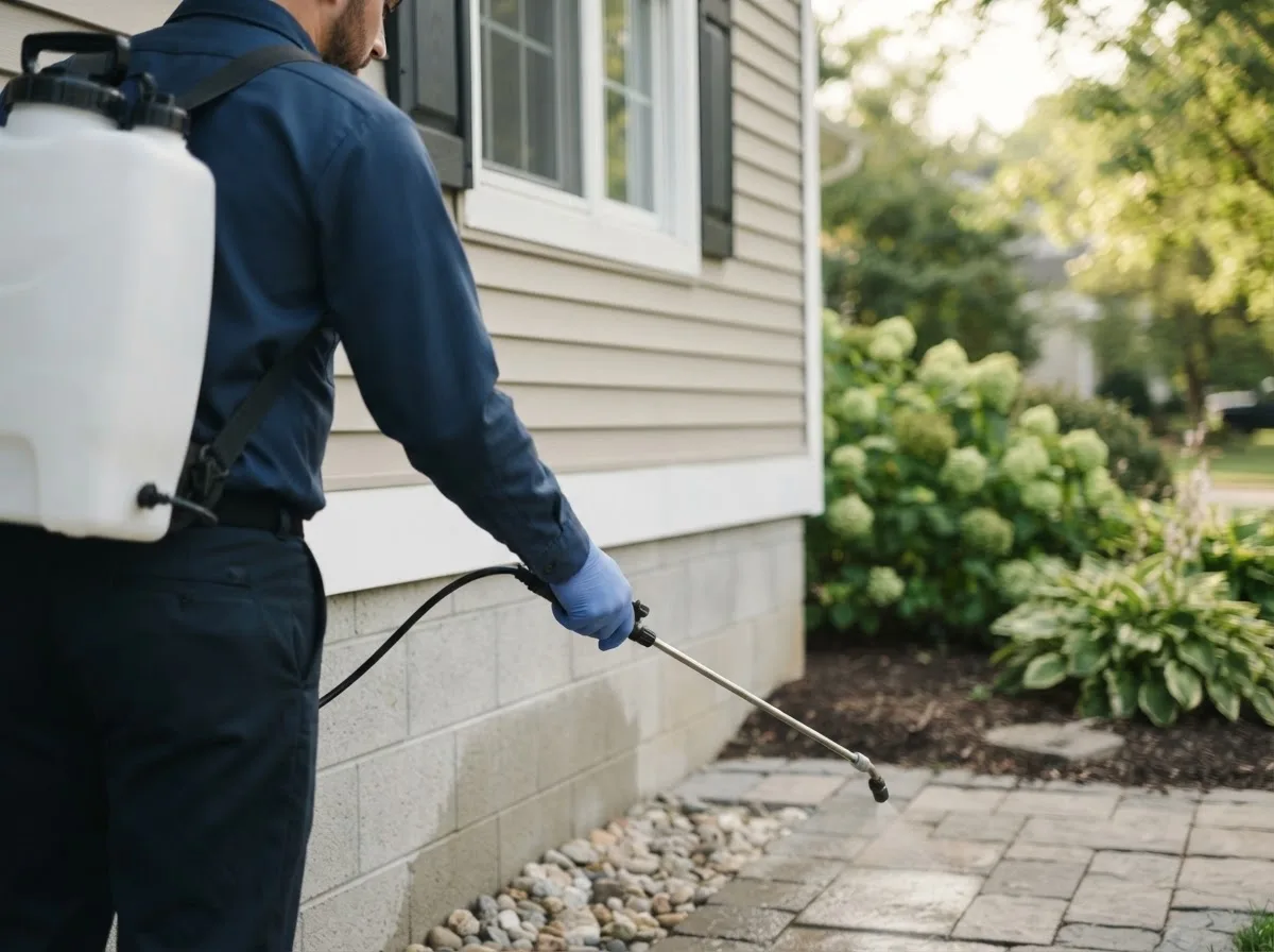 Pest control technician inspecting a home in Hartshorne, OK